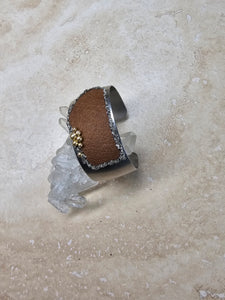BRACELET - Stainless Steel wide cuff with leather, Pyrite  -  BR-254