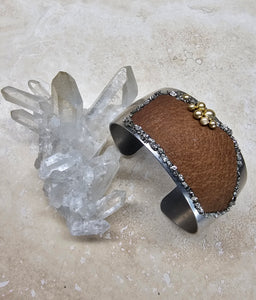 BRACELET - Stainless Steel wide cuff with leather, Pyrite  -  BR-254