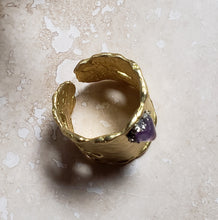 Load image into Gallery viewer, RING - Brass texturized wide ring with Amethyst and Pyrite stones -  R-1112