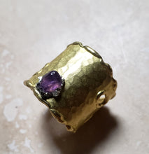 Load image into Gallery viewer, RING - Brass texturized wide ring with Amethyst and Pyrite stones -  R-1112