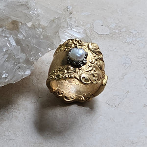 RING - Brass texturized Ring with Pyrite and Pearl - R-1134