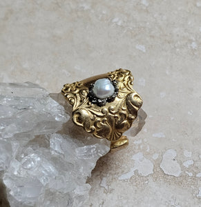 RING - Brass texturized Ring with Pyrite and Pearl - R-1134