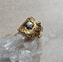 Load image into Gallery viewer, RING - Brass texturized Ring with Pyrite and Pearl - R-1134