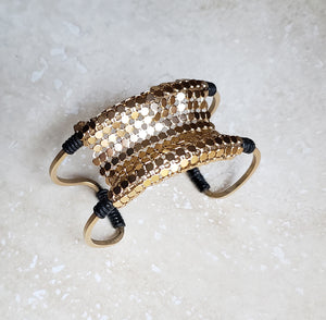 BRACELET - Brass double wire cuff with mesh metal and leather - STYLE  BR-239