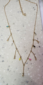 TINY Necklace, Gold Plated , layered drop chains with beads multicolored -NC-816