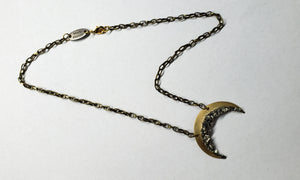 NECKLACE - Brass Crescent Moon,  short necklace with Pyrite stones - NEC-1488