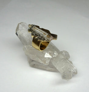 RING - Brass ring with clear Quartz and Pyrite Stones - R-1067