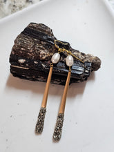 Load image into Gallery viewer, EARRING - Brass flat earring with Pyrite stones and freshwater pearl -  EAR 425