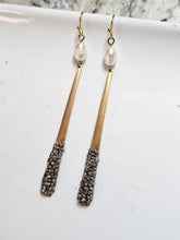 Load image into Gallery viewer, EARRING - Brass flat earring with Pyrite stones and freshwater pearl -  EAR 425