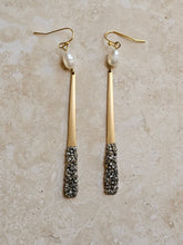 Load image into Gallery viewer, EARRING - Brass flat earring with Pyrite stones and freshwater pearl -  EAR 425