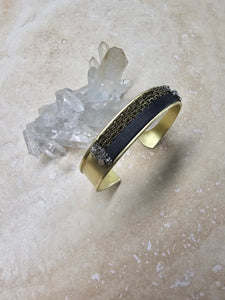 BRACELET - Brass cuff with chain, leather and Pyrite - BR- 249
