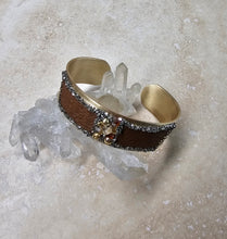 Load image into Gallery viewer, BRACELET - Brass  cuff with leather and Agate + Pyrite stones  -  BR-250