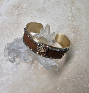 BRACELET - Brass  cuff with leather and Agate + Pyrite stones  -  BR-250