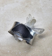 Load image into Gallery viewer, BRACELET - Concave Stainless Steel wide cuff with leather and Pyrite - BR-253