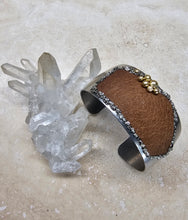 Load image into Gallery viewer, BRACELET - Stainless Steel wide cuff with leather, Pyrite  -  BR-254