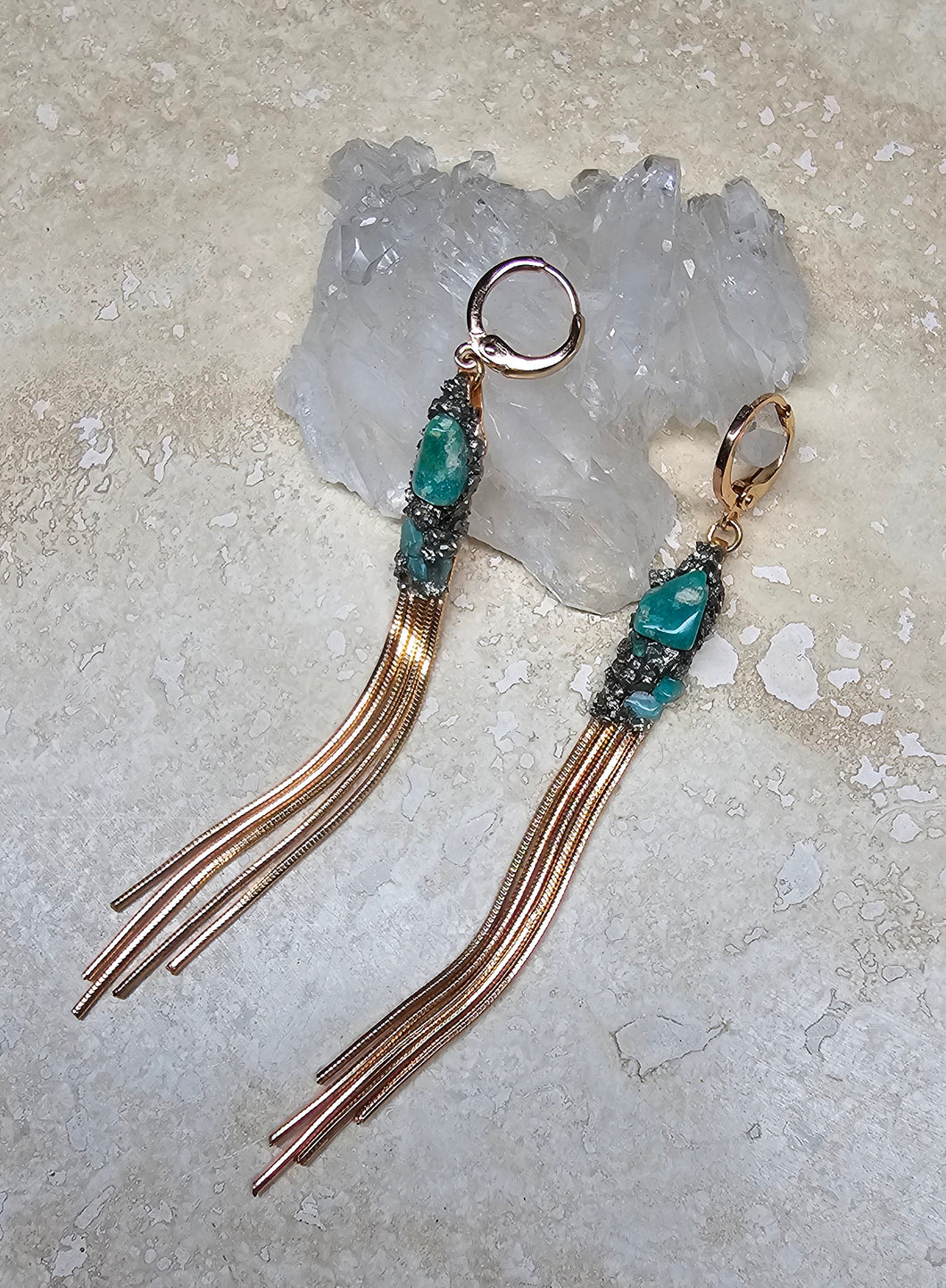 EARRING - Gold Plated fringe earring with Amazonite stones - EAR-443 Amazonite