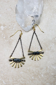 EARRING - Brass Sun dangle earring earring with black chain and  Kyanite  -  EAR-463
