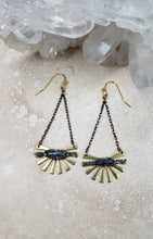 Load image into Gallery viewer, EARRING - Brass Sun dangle earring earring with black chain and  Kyanite  -  EAR-463