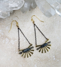 Load image into Gallery viewer, EARRING - Brass Sun dangle earring earring with black chain and  Kyanite  -  EAR-463