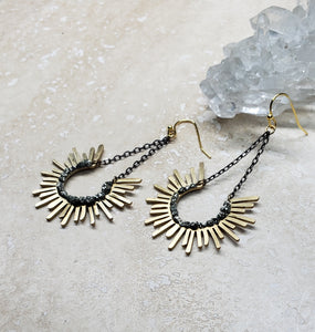 EARRING - Brass Sun  dangle  earring  with chain and Pyrite stones -  EAR-466