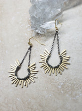 Load image into Gallery viewer, EARRING - Brass Sun  dangle  earring  with chain and Pyrite stones -  EAR-466