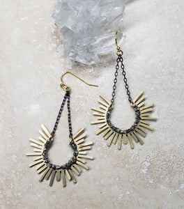 EARRING - Brass Sun  dangle  earring  with chain and Pyrite stones -  EAR-466