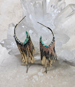 EARRING - Gold Plated Fringe earring with Emerald +Pyrite stones - EAR-477
