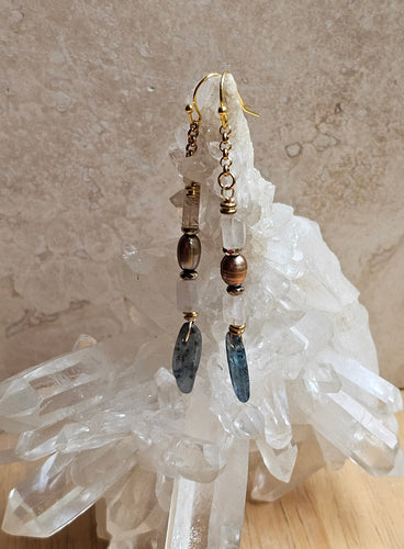Earring - Dangle Earring with Kyanite, Crystal, Brown Pearl  - EAR-489