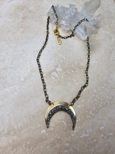 NECKLACE - Brass Crescent Moon,  short necklace with Pyrite stones - NEC-1488