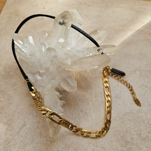 NECKLACE - Gold Stainless steel and leather cord - NEC-1555
