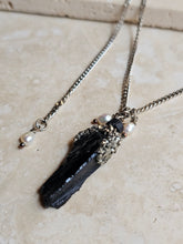 Load image into Gallery viewer, NECKLACE - Raw Black turmaline with pyrite , pearl and leather - NEC-1565