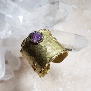 RING - Brass texturized wide ring with Amethyst and Pyrite stones -  R-1112