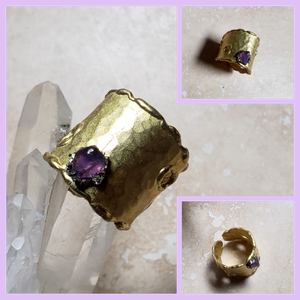 RING - Brass texturized wide ring with Amethyst and Pyrite stones -  R-1112