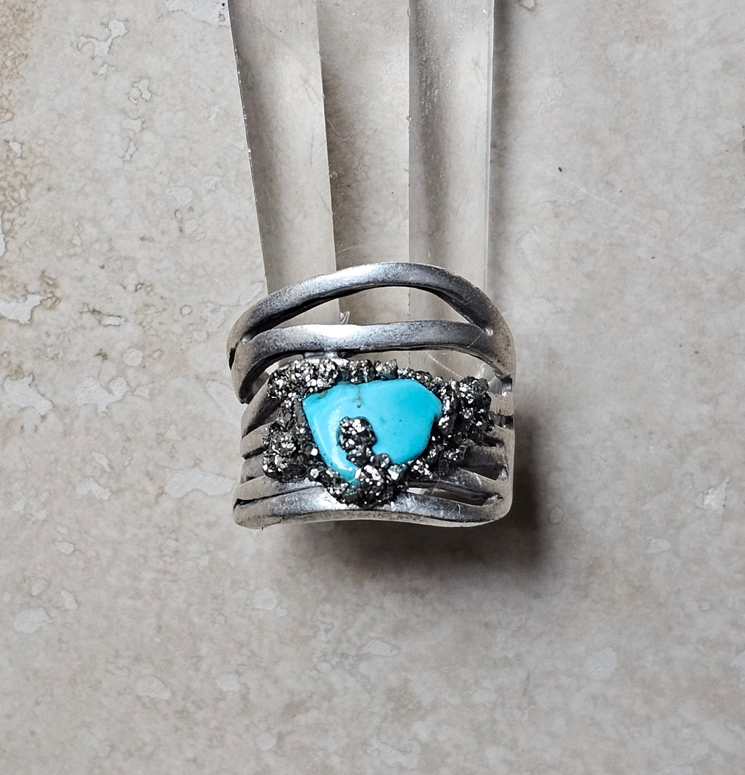 RING - Silver ring with Turquoise and Pyrite stones- R-1124
