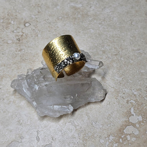 RING - Brass texturized Ring with Pyrite and Pearl - R-1126