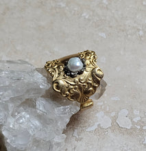 Load image into Gallery viewer, RING - Brass texturized Ring with Pyrite and Pearl - R-1134