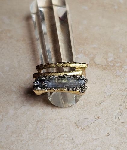 RING - Brass  Ring with Kyanite and Pyrite stones - R-1145