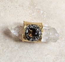 Load image into Gallery viewer, RING - Gold Hammered Ring with Smokey Quartz and Pyrite stones - R-1147