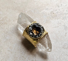 Load image into Gallery viewer, RING - Gold Hammered Ring with Smokey Quartz and Pyrite stones - R-1147