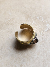 Load image into Gallery viewer, RING - Gold Hammered Ring with Smokey Quartz and Pyrite stones - R-1147