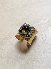 Load image into Gallery viewer, RING - Gold Hammered Ring with Smokey Quartz and Pyrite stones - R-1147