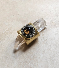 Load image into Gallery viewer, RING - Gold Hammered Ring with Smokey Quartz and Pyrite stones - R-1147