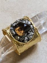 Load image into Gallery viewer, RING - Gold Hammered Ring with Smokey Quartz and Pyrite stones - R-1147