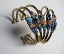 Load image into Gallery viewer, BRACELET  -  BRASS CUFF WITH ASSORTED COLORS STONES -   BR-120 MColor