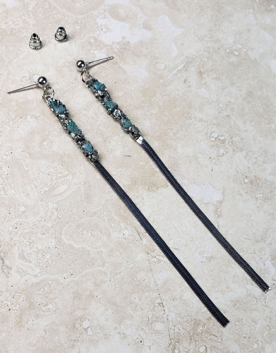 EARRING - Silver plated one strap dangle earring with Chrysocolla stones  -  EAR-124 Chrysocolla