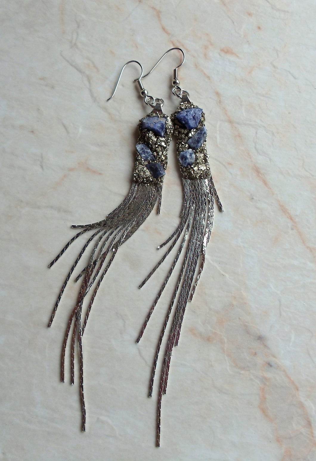 EARRING - Silver Plated fringe earring with Sodalite and Pyrite stones  -  EAR-125 Sodalite