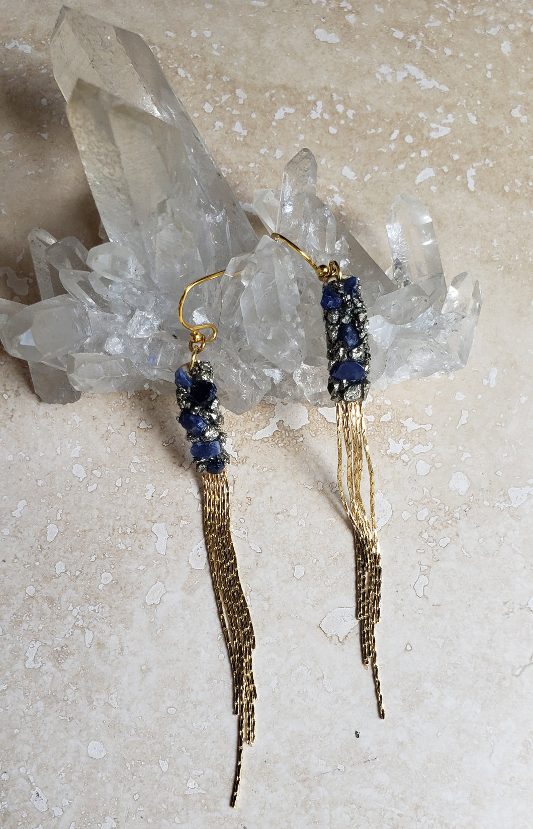 EARRING - Gold Plated fringe earring with Sodalite stones - EAR-130Thin