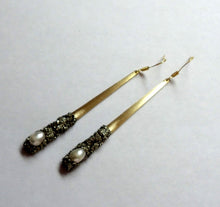 Load image into Gallery viewer, EARRING - Brass dangle earring with freshwater pearl and Pyrite stones - EAR-132