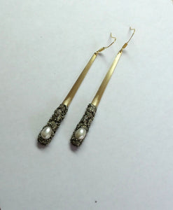 EARRING - Brass dangle earring with freshwater pearl and Pyrite stones - EAR-132