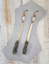 Load image into Gallery viewer, EARRING - Brass flat earring with Pyrite stones and freshwater pearl -  EAR 425